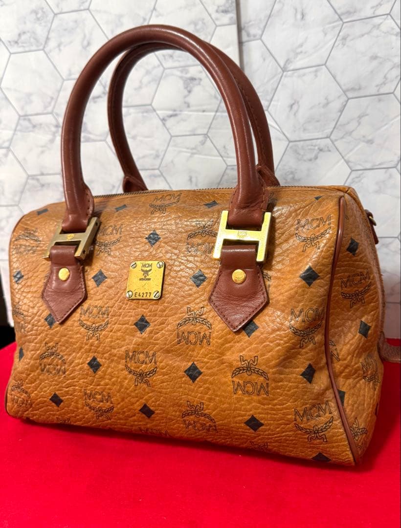 MCM ヴィセトス柄　ミニボストンバッグ キャメル ブラウン レザー