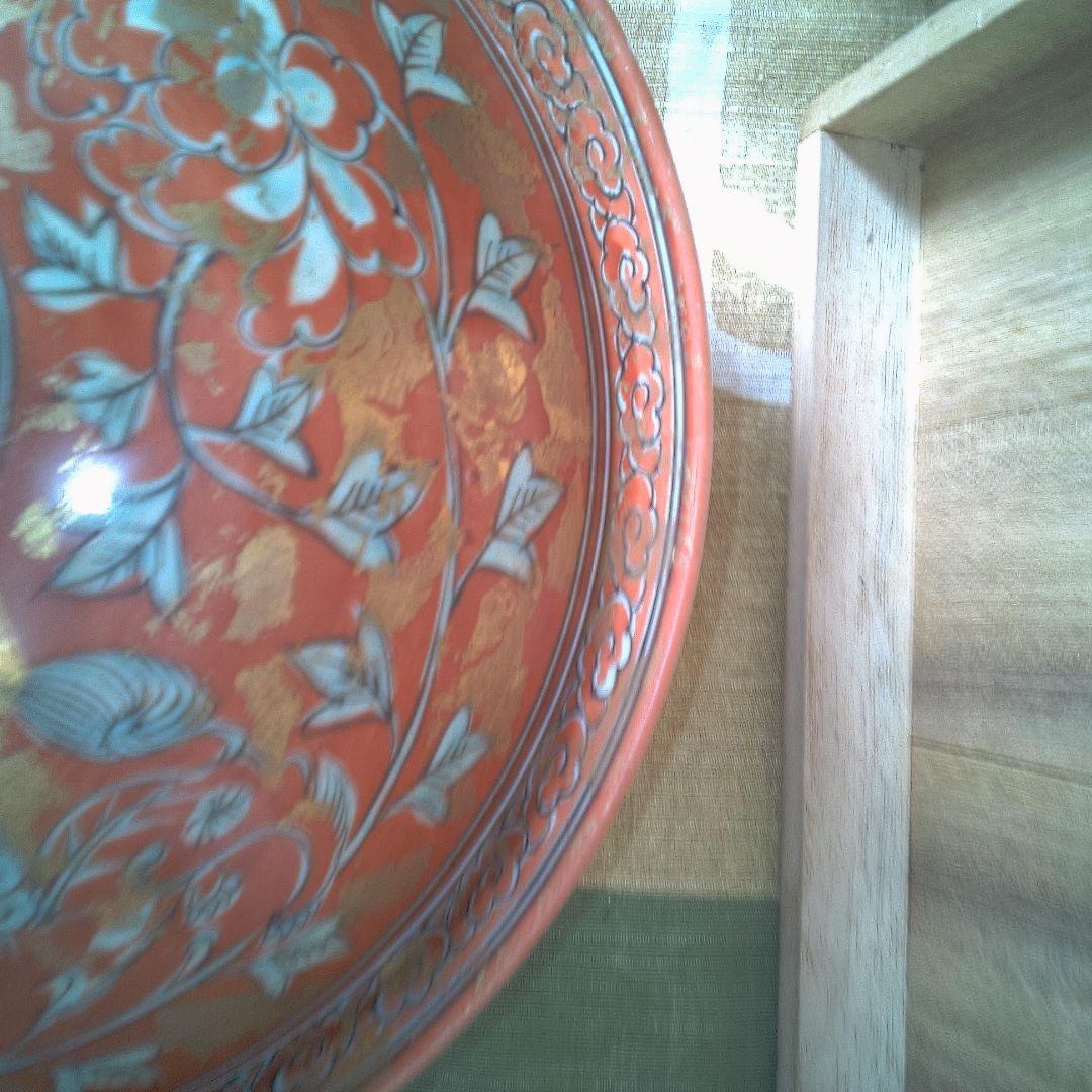 オレンジ色の花柄茶碗 木箱付き 骨董 美術 アンティーク