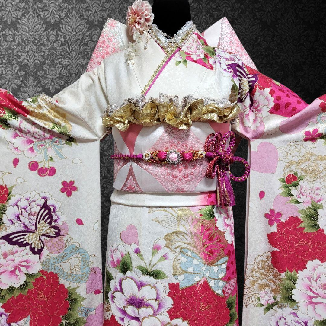 SALE中☆振袖フルセット(8点)成人式・大輪牡丹柄・金彩加工・金通し・豪華刺繍