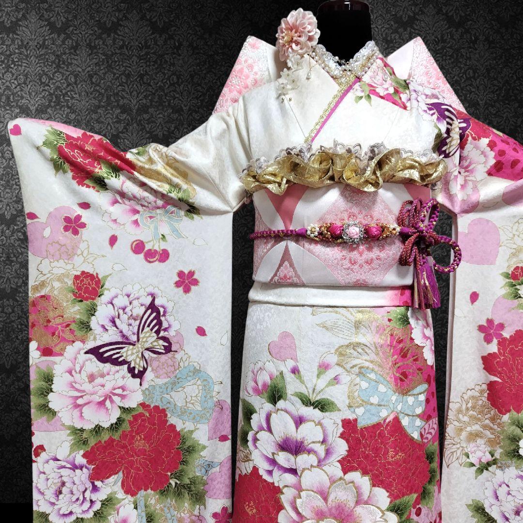 SALE中☆振袖フルセット(8点)成人式・大輪牡丹柄・金彩加工・金通し・豪華刺繍