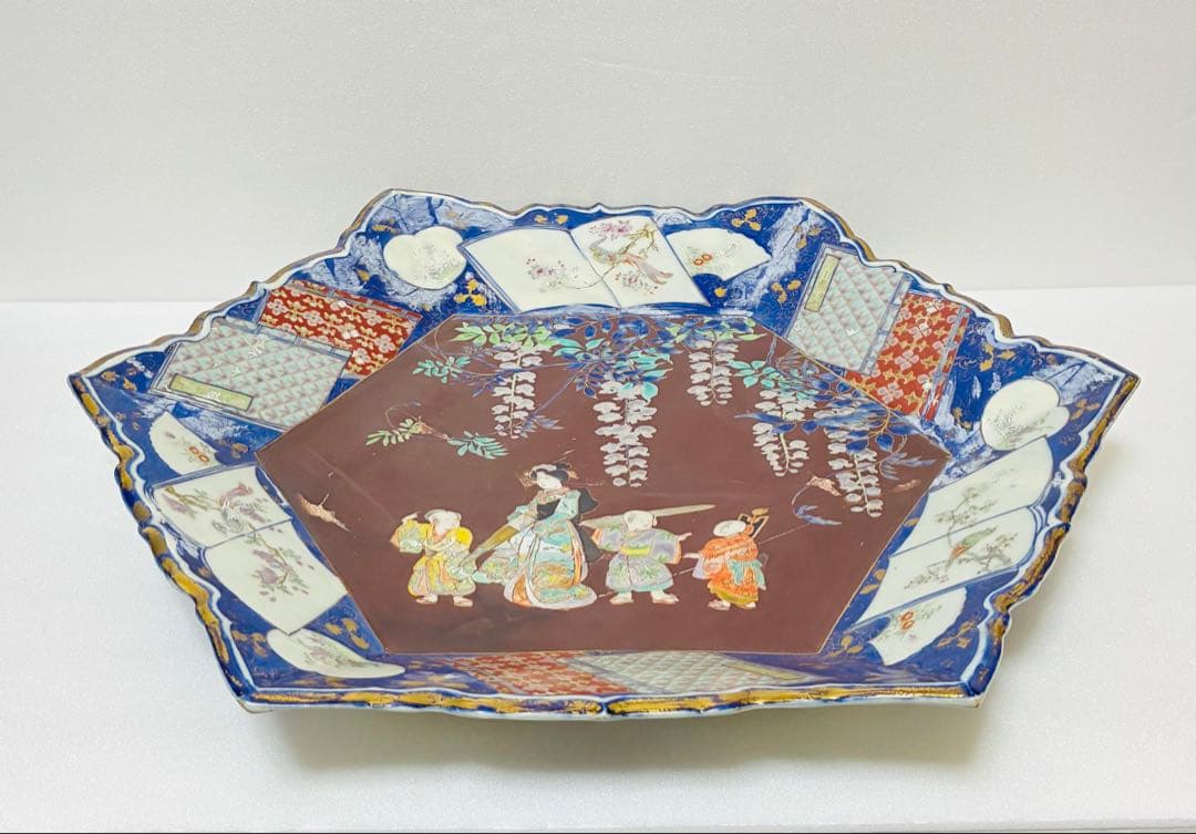 最終価格 値下げ❌明治初期 香蘭社 色絵褐地藤絵人物文 ブラックホーソン六角大皿