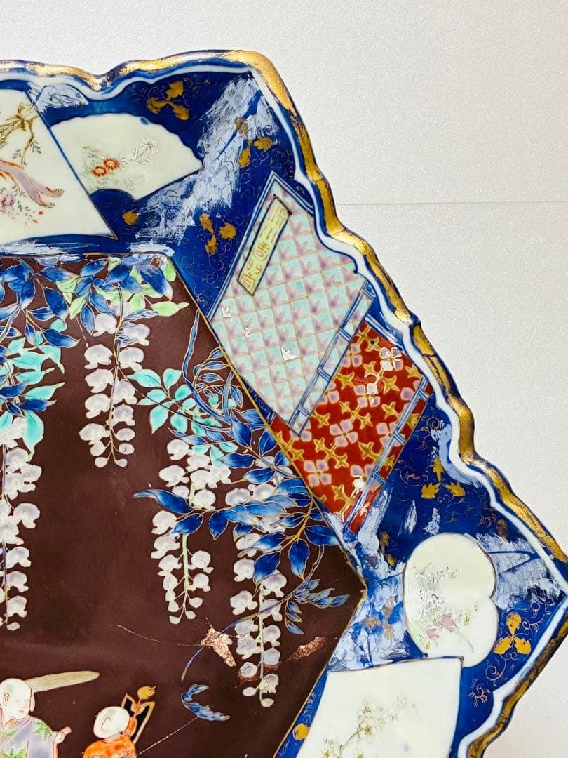 最終価格 値下げ❌明治初期 香蘭社 色絵褐地藤絵人物文 ブラックホーソン六角大皿