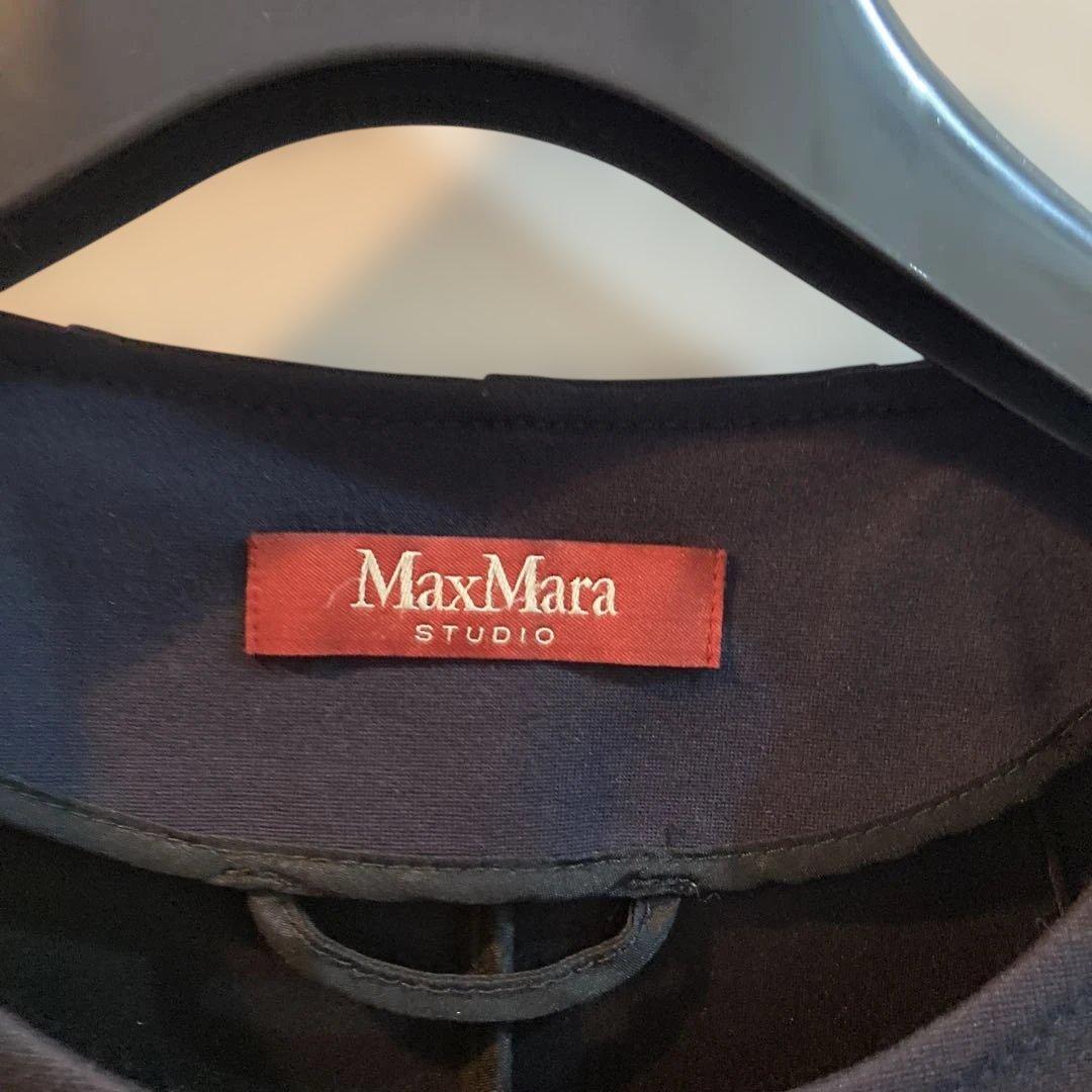 MaxMara ネイビー ノーカラーロングコート七分袖