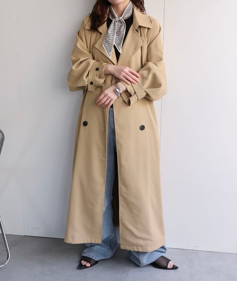 ap retroベージュトレンチコートロングとろみスプリングコートオーバーサイズ