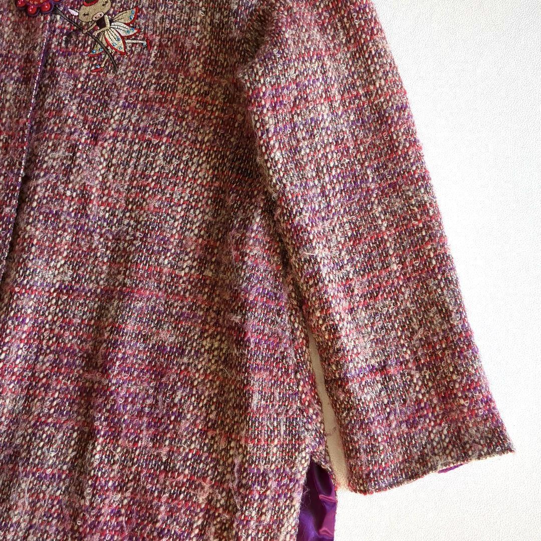 アルベロベロ ツイードコート モヘヤ混 ウール ブタさん 刺繡 アップリケ 花