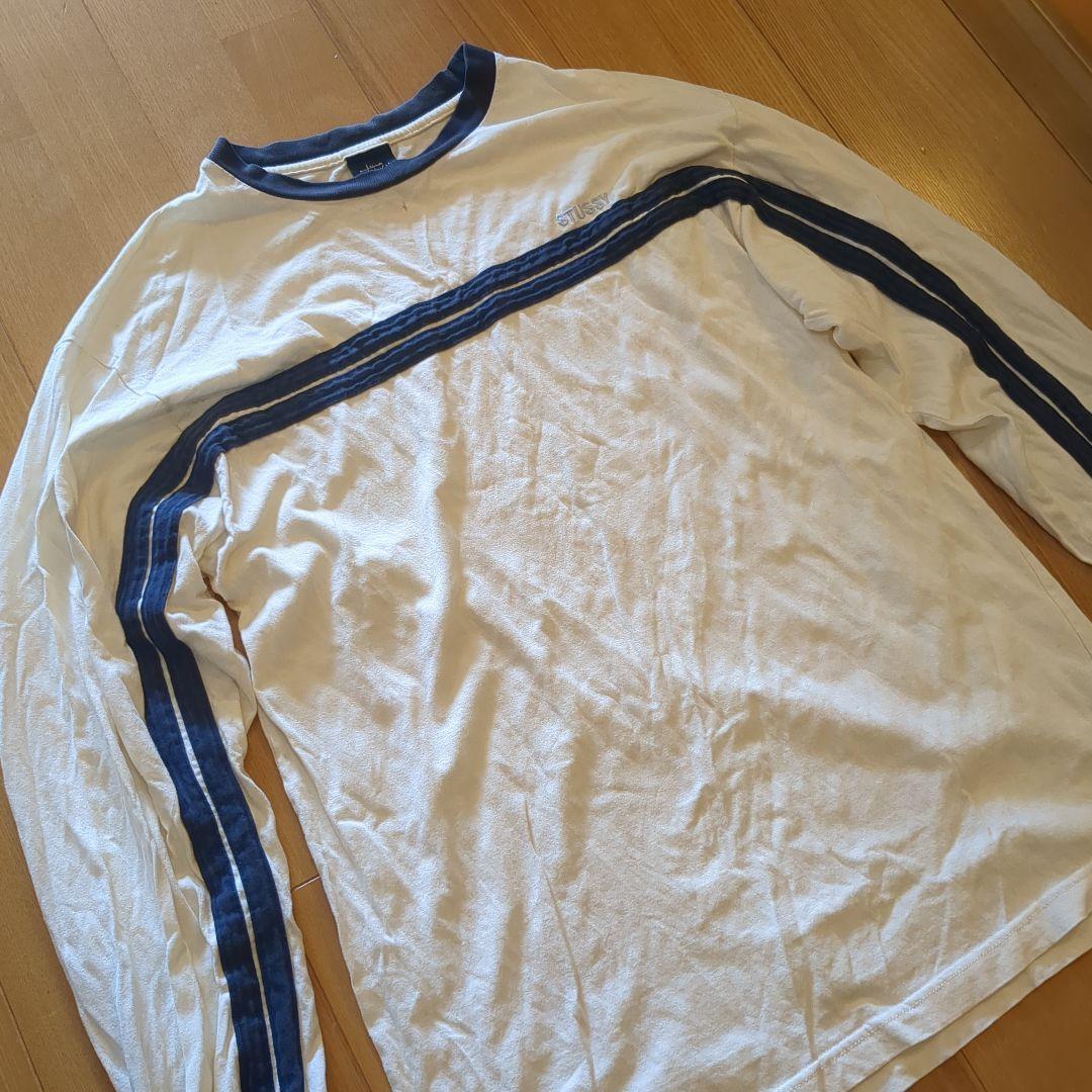 90s STUSSY ホワイト/ネイビー ストライプ 長袖TシャツサイズM紺タグ