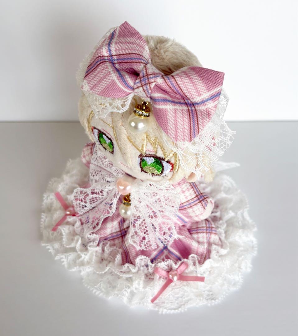 ぬい服　in25　いつぬいサイズ　チェック柄③　ピンク　ワンピース