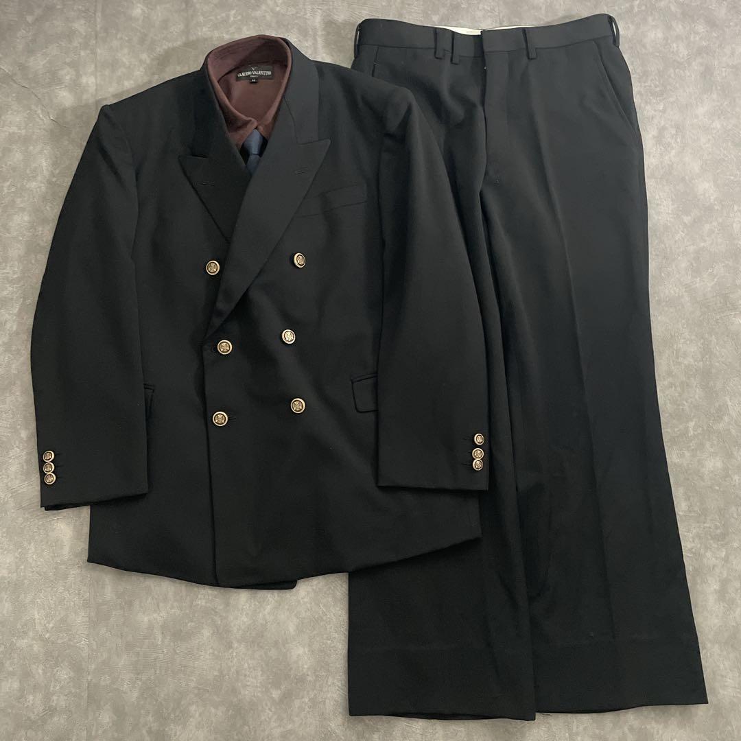極上 漆黒ウール 黒金ボタン ダブルブレストスーツ のみ