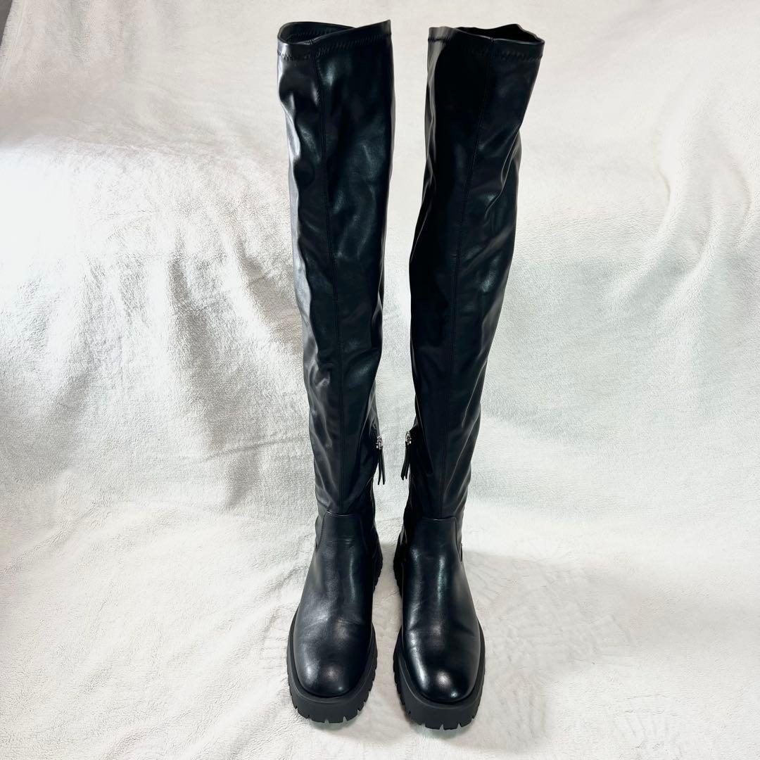 【美品】ZARA ロングブーツ ブラック 37 24cm レザー　ニーハイ　厚底