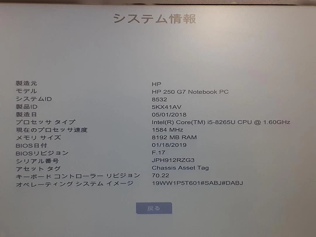 y*6様 80L0216-09 HP 250 G7 Corei5 8GB SSD
