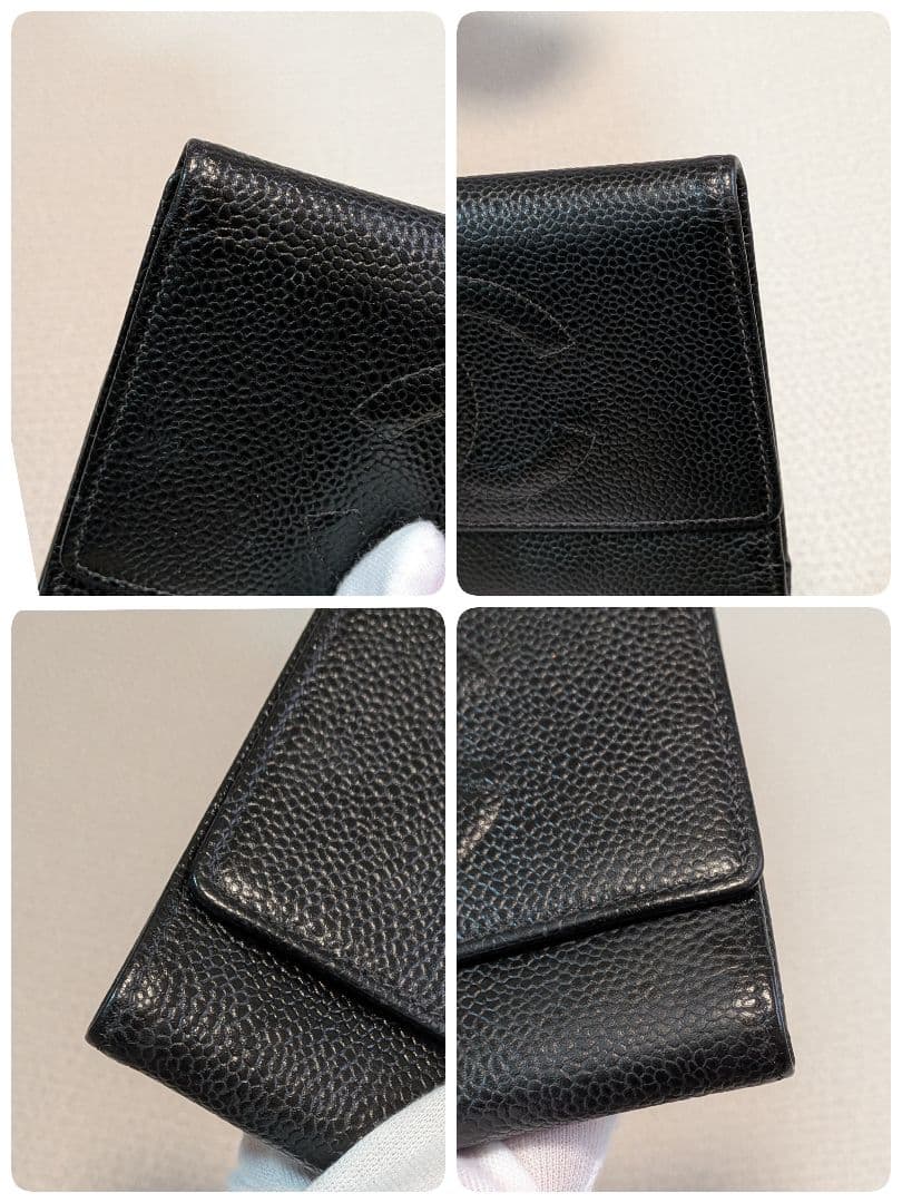 シャネル　デカココ　三つ折り財布　キャビアスキン　黒　正規品　チェーン