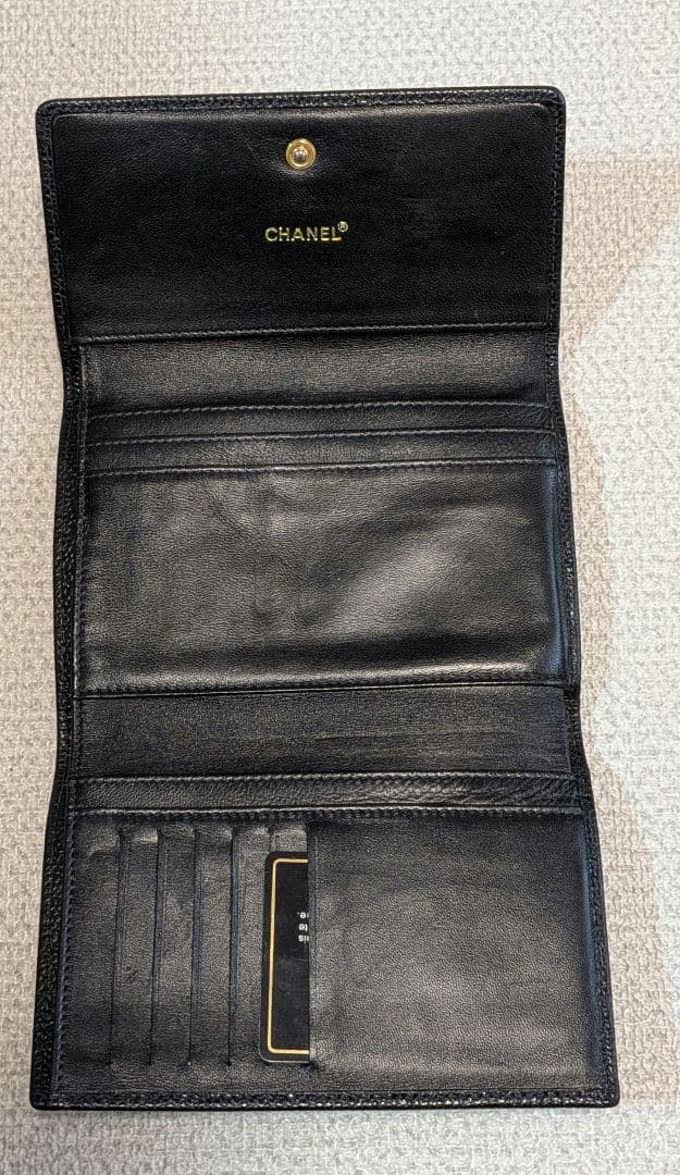 シャネル　デカココ　三つ折り財布　キャビアスキン　黒　正規品　チェーン