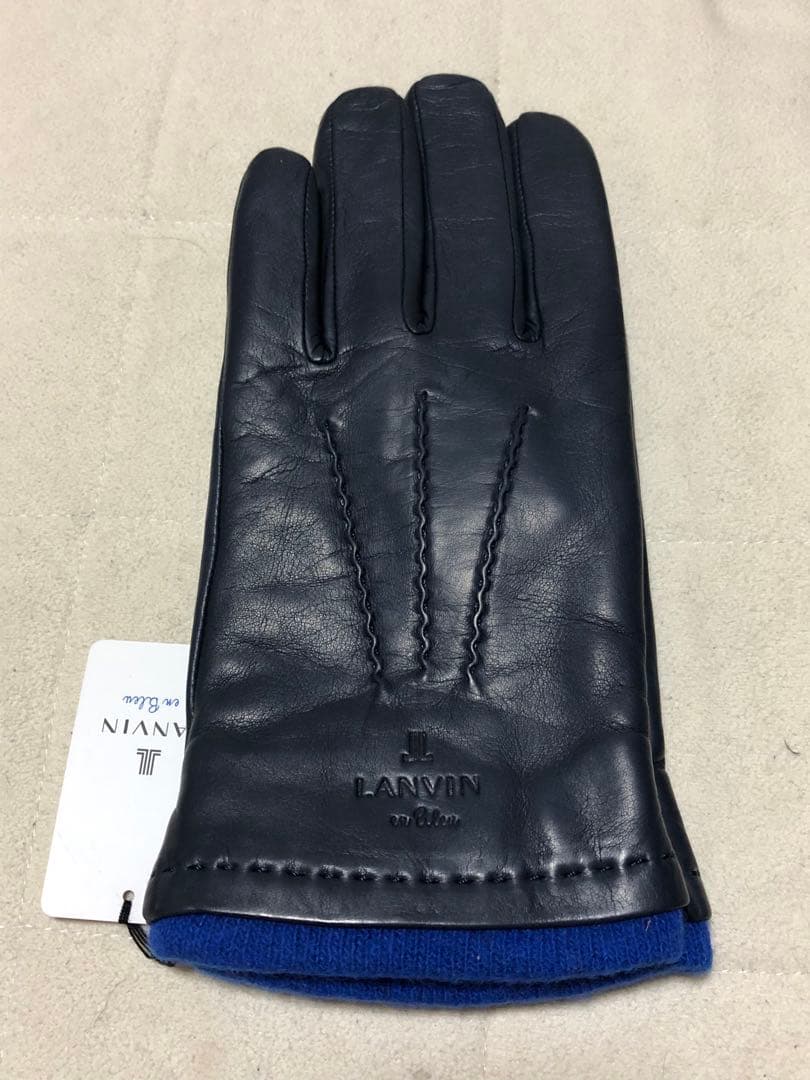 576新品LANVIN en BLue メンズ羊革レザー手袋裏地カシミヤ