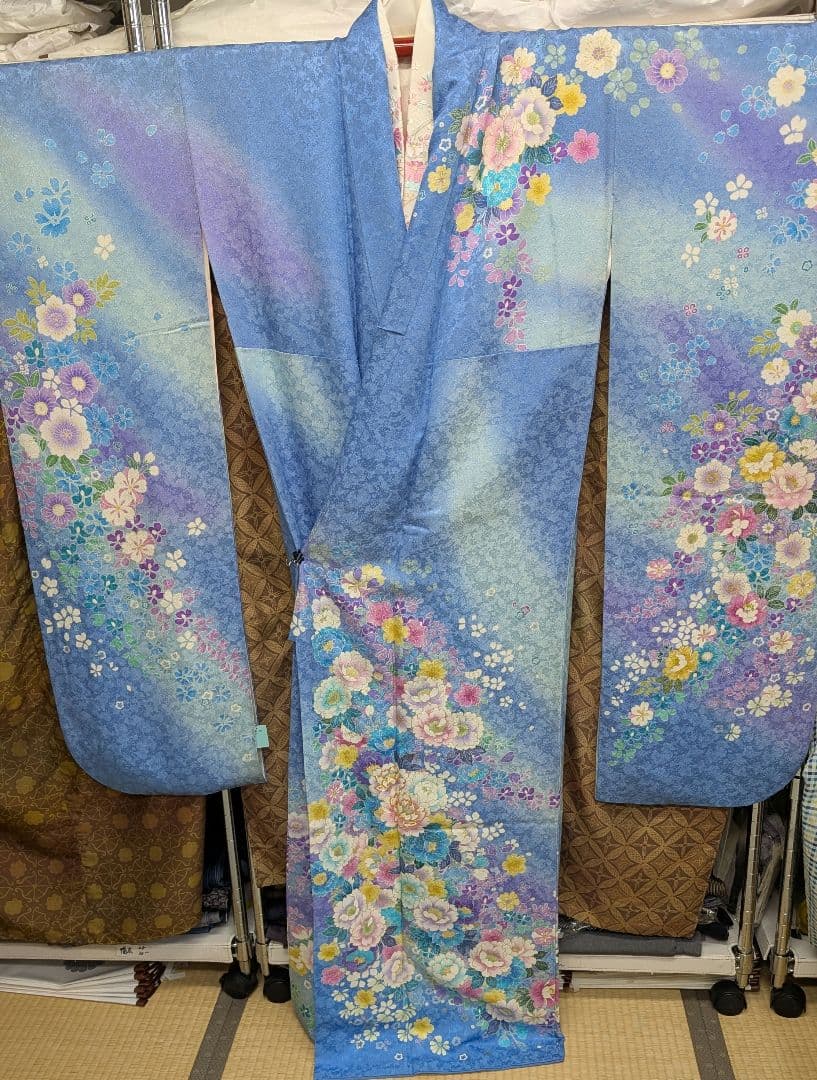 水色振袖　長襦袢半襟付き　　　新品草履バックのセット　美品　成人式