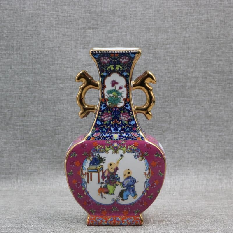 瑯彩蒔金飄花嬰戯扁瓶 景徳鎮 陶磁器 装飾品 現代工芸品 美術品 置物