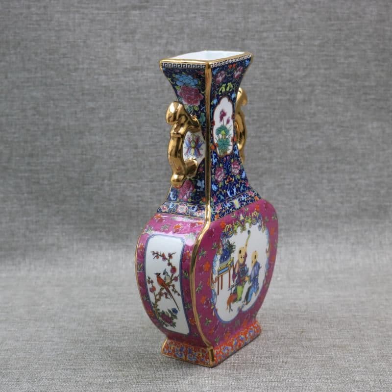 瑯彩蒔金飄花嬰戯扁瓶 景徳鎮 陶磁器 装飾品 現代工芸品 美術品 置物