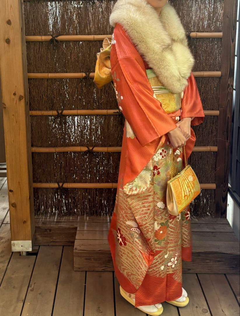 振袖 8点セット オレンジ ほぼフルセット 成人式 卒業式 ショール、バッグ付き