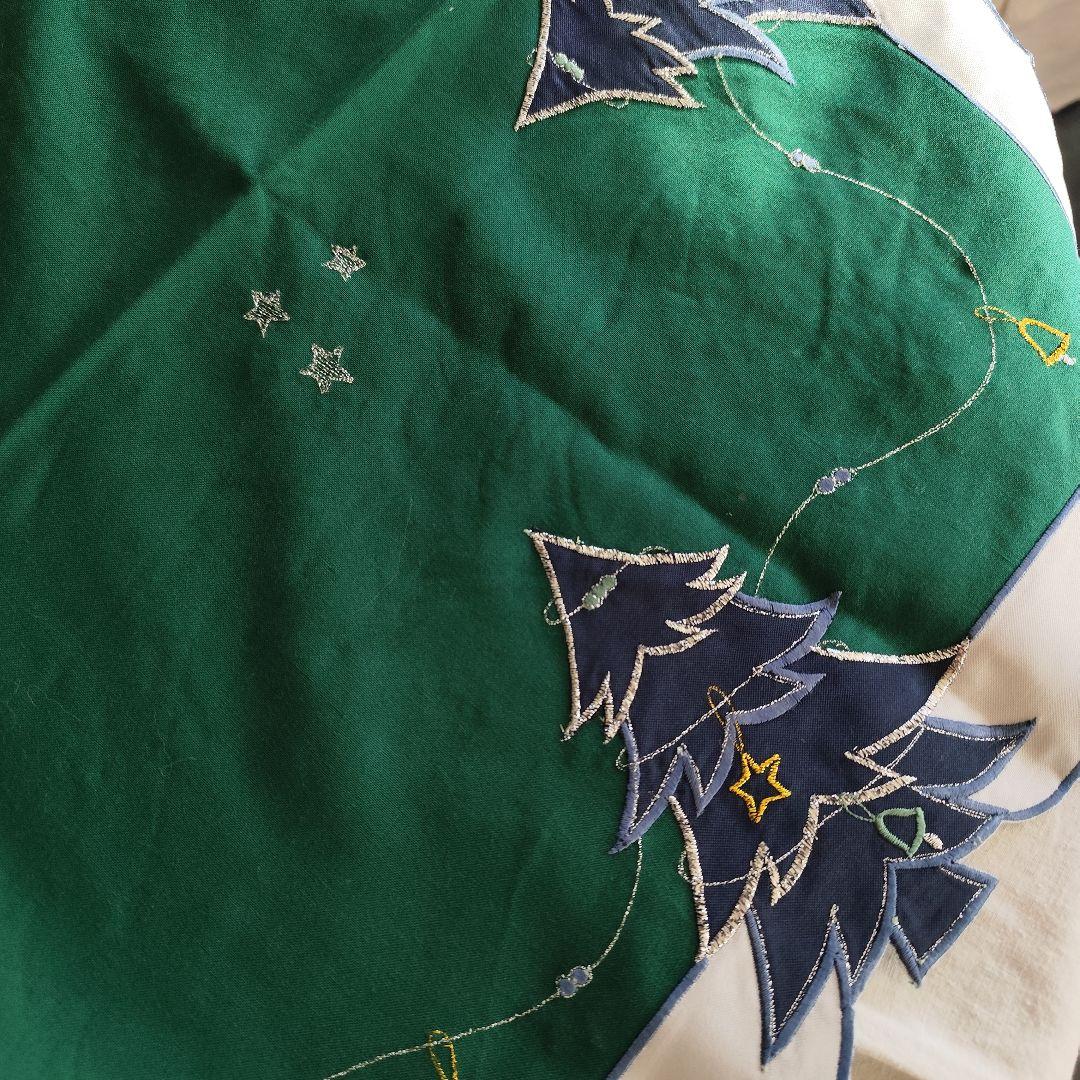 銀糸刺繍　紺色ツリー　深緑　クリスマスクロス