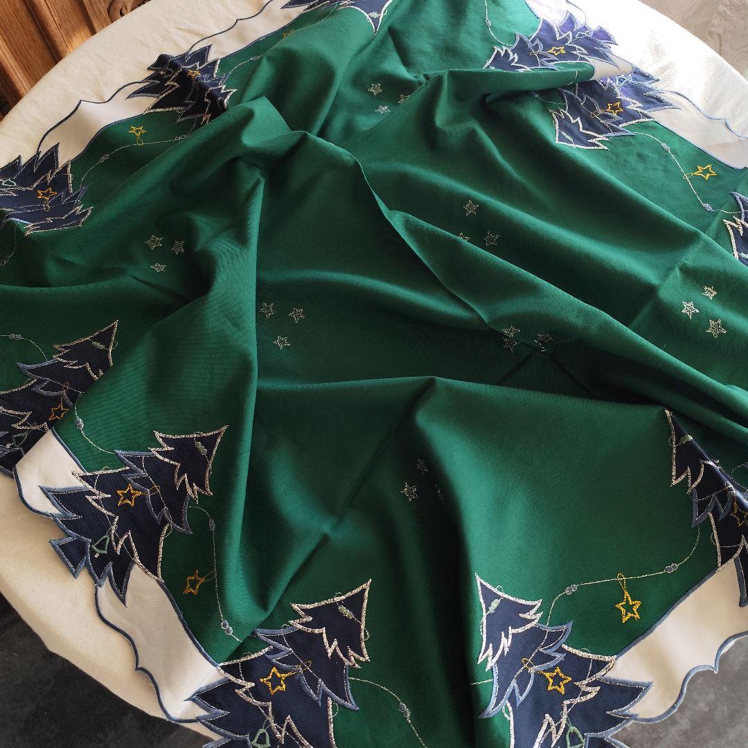 銀糸刺繍　紺色ツリー　深緑　クリスマスクロス