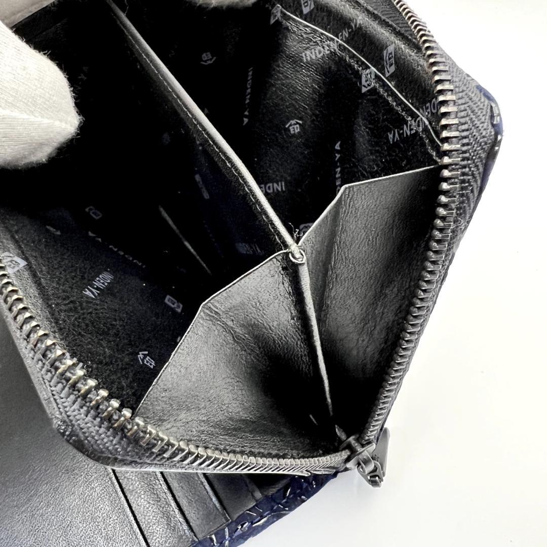 超美品 印伝屋★2つ折りミドルウォレット 折財布 鹿革＆漆 本革 ダークネイビー