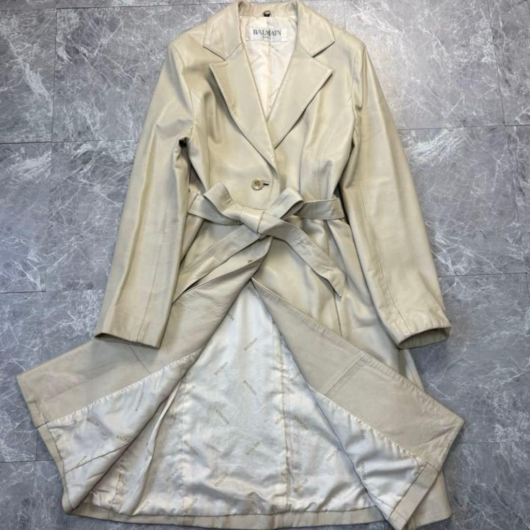 XL♡バルマン♡ラムレザー　ロングコート　ベルトリボン　ホワイトベージュ