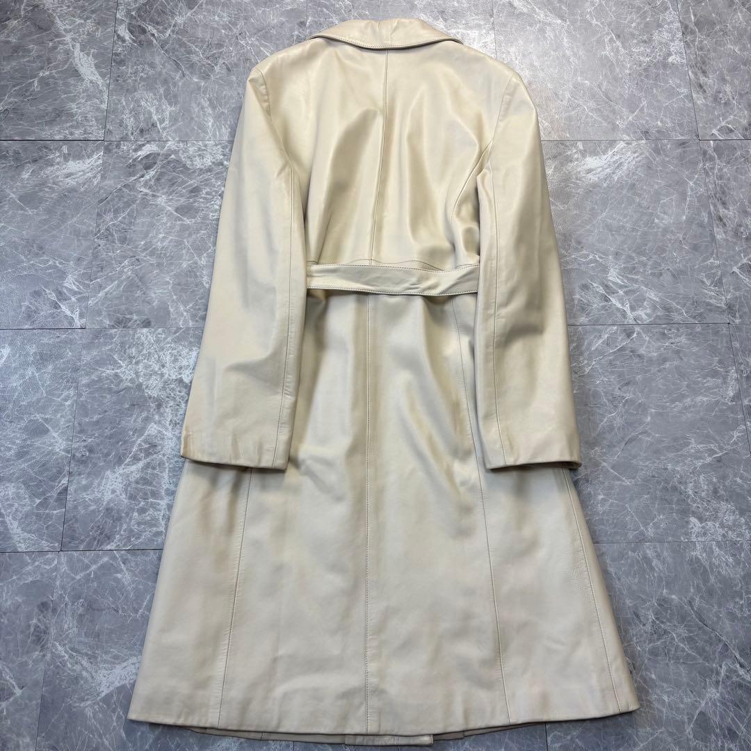 XL♡バルマン♡ラムレザー　ロングコート　ベルトリボン　ホワイトベージュ