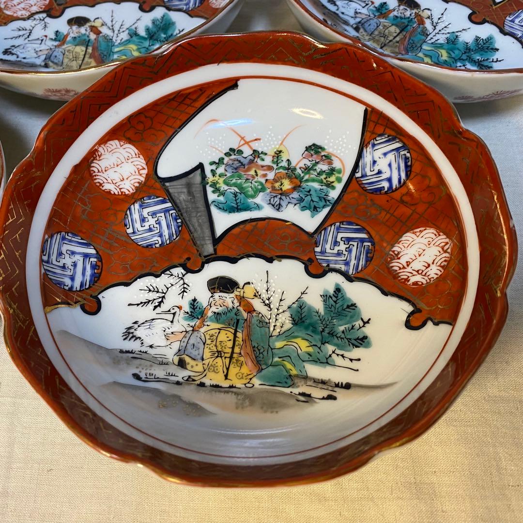 九谷焼　なます皿　九谷庄三　花の図　金襴手　5客
