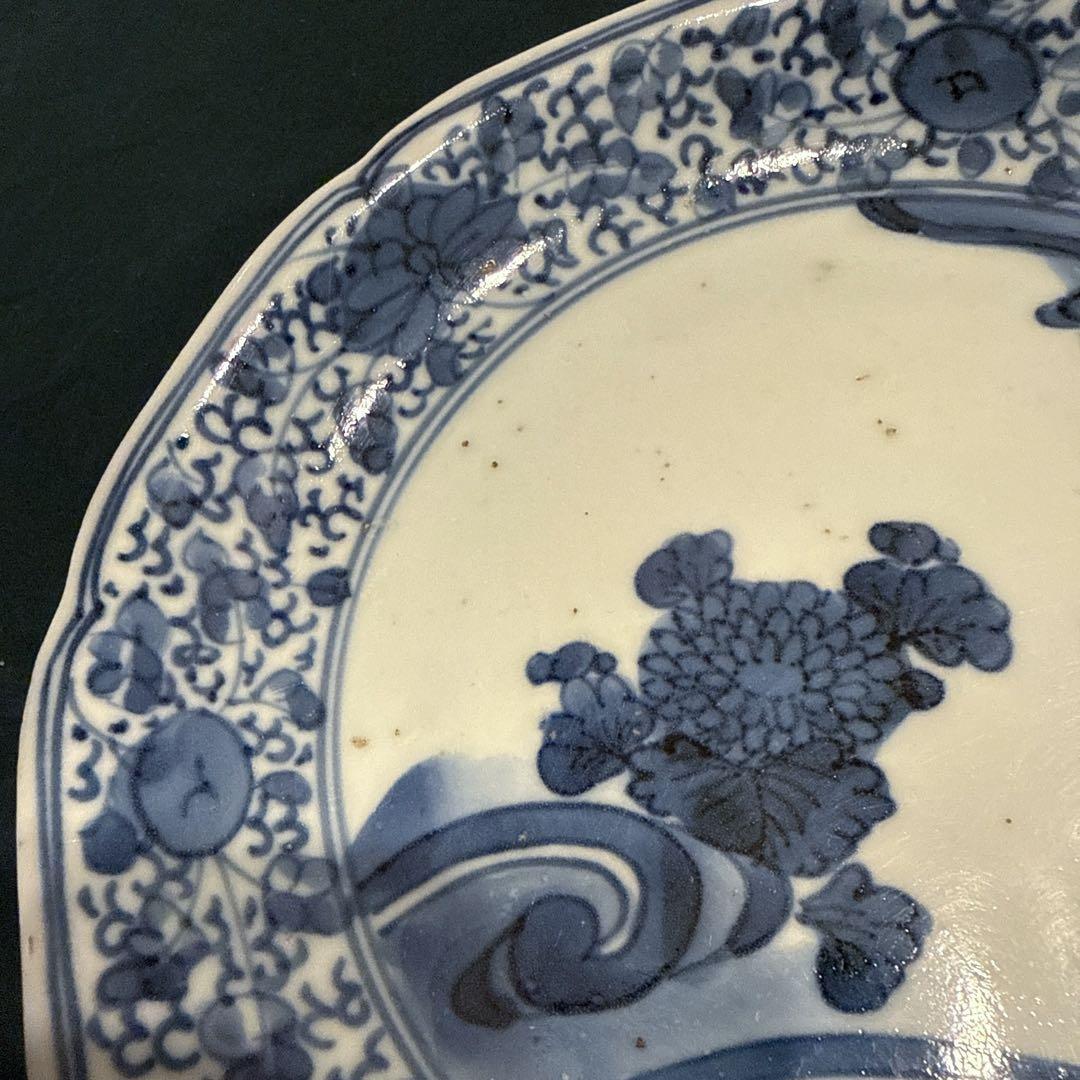 古伊万里　染付　花唐草　菊水文　中皿
