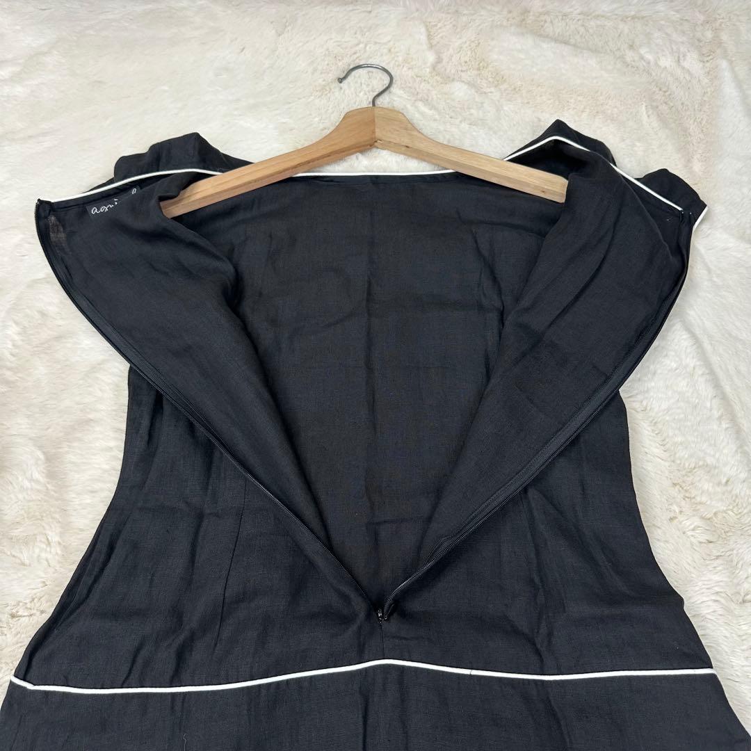 ✨美品✨アニエスベー 最高級リネン100% 白パイピング 半袖フレアワンピース黒