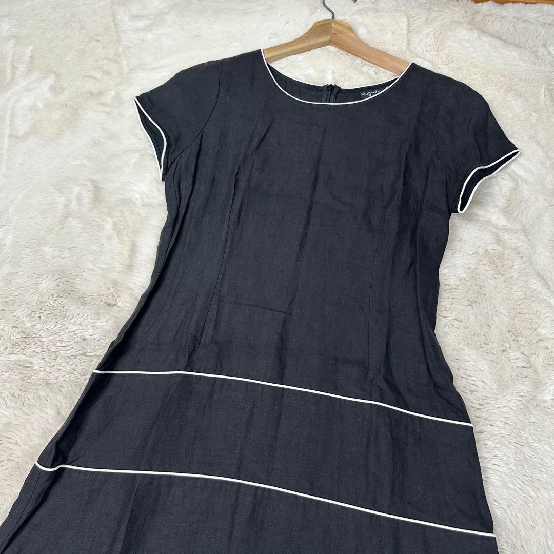 ✨美品✨アニエスベー 最高級リネン100% 白パイピング 半袖フレアワンピース黒