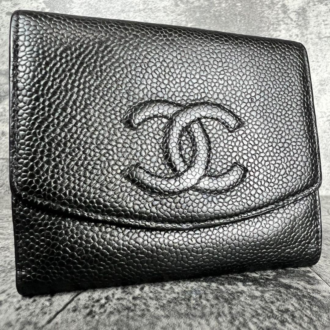 ​CHANEL キャビアスキン ココマーク 二つ折り財布 ブラック