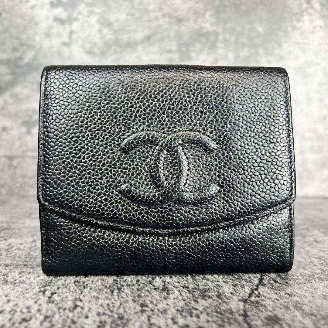 ​CHANEL キャビアスキン ココマーク 二つ折り財布 ブラック