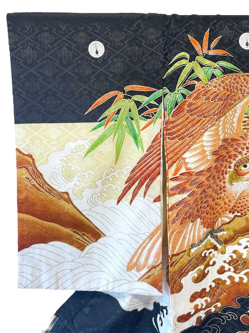 □男児　正絹セミアンティーク祝着 金刺繍鷹　お宮参り　初着　掛け着　襦袢付