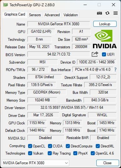MSI RTX 3080 VENTUS 3X PLUS 10G 動作品