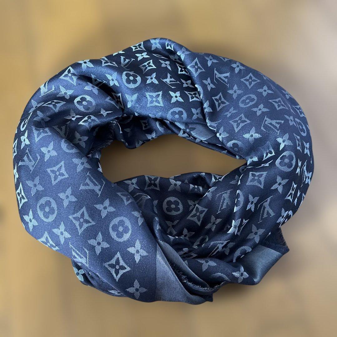 LOUIS VUITTON モノグラムストール ネイビー・グレー　ほつれシミあり