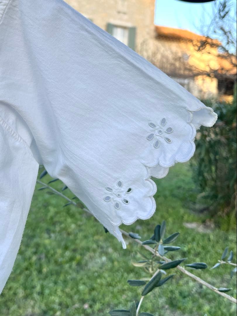 よつば◆フランスアンティーク｜手作り半袖ブラウス手刺繍リネン花柄シャツ