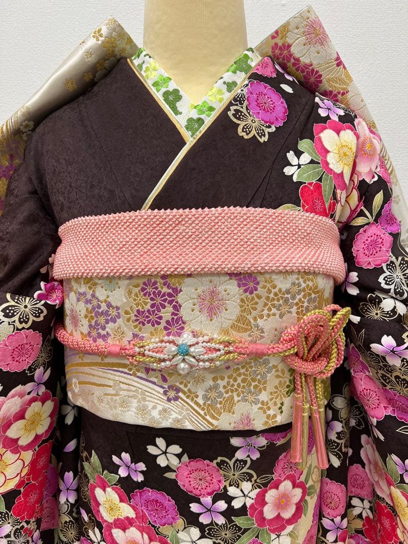 振り袖　フルセット　別誂長襦袢　ブラウン　成人結婚式　金彩加工　刺繍入り　772
