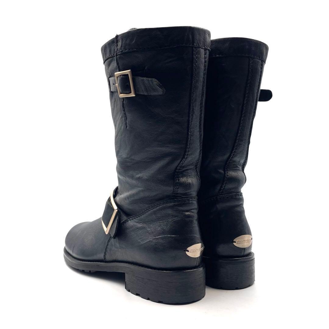 《超美品》JIMMY CHOO ジミーチュウ エンジニアブーツ ゴールド金具 黒