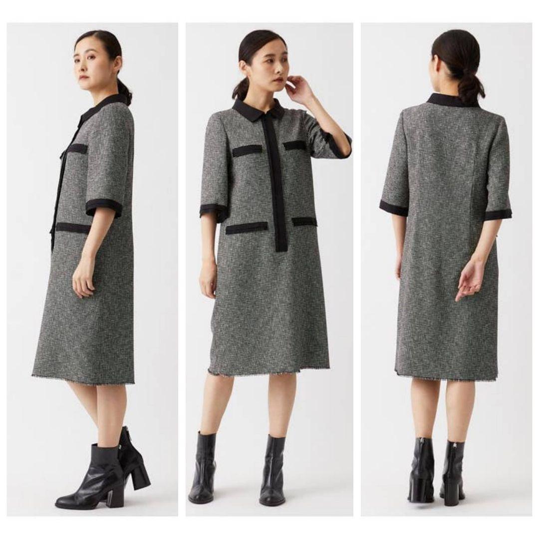 美品☆ランバンコレクション　ツイード　ワンピース　五分袖　M　比翼