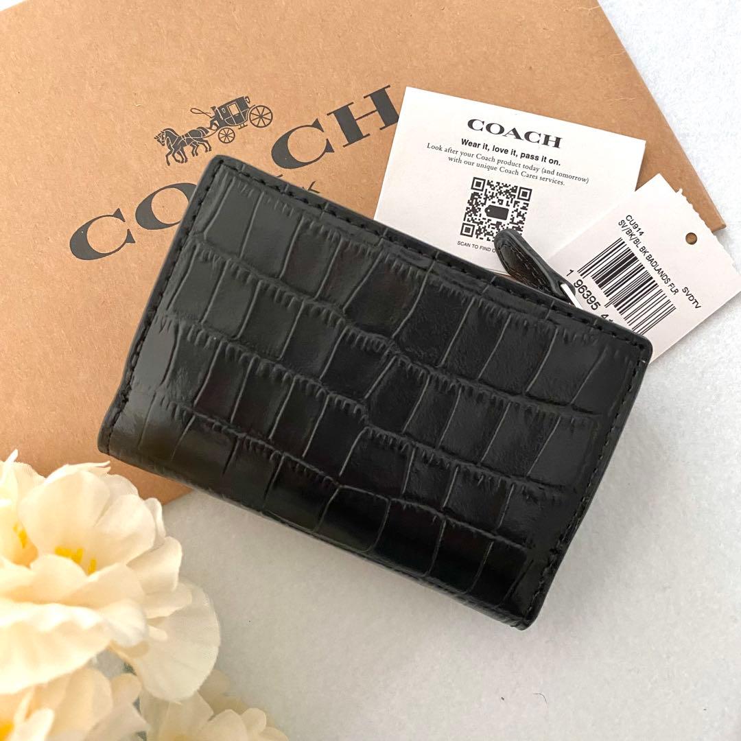 新品　正規品☆COACH コーチ　折り財布　ブラック　クロコダイル　三つ折り財布