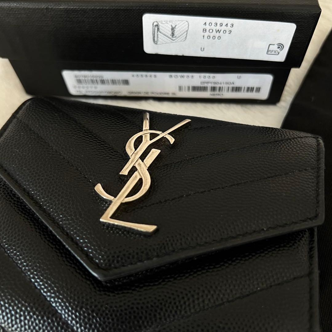 SAINT LAURENT BOW02 ブラックレザー三つ折り財布