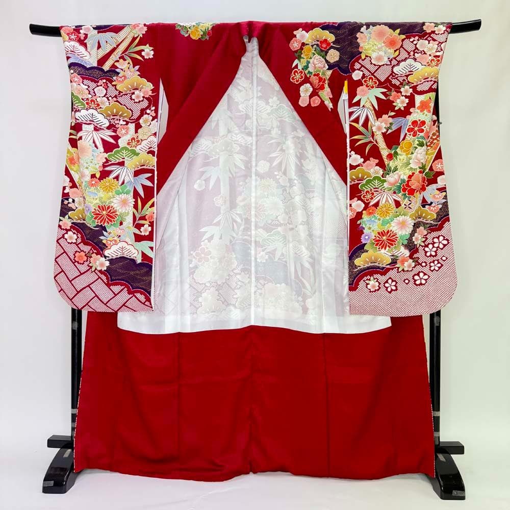 振袖 正絹 赤 緑 古典花柄　裄72.3㎝ 　成人式 中古 c-81