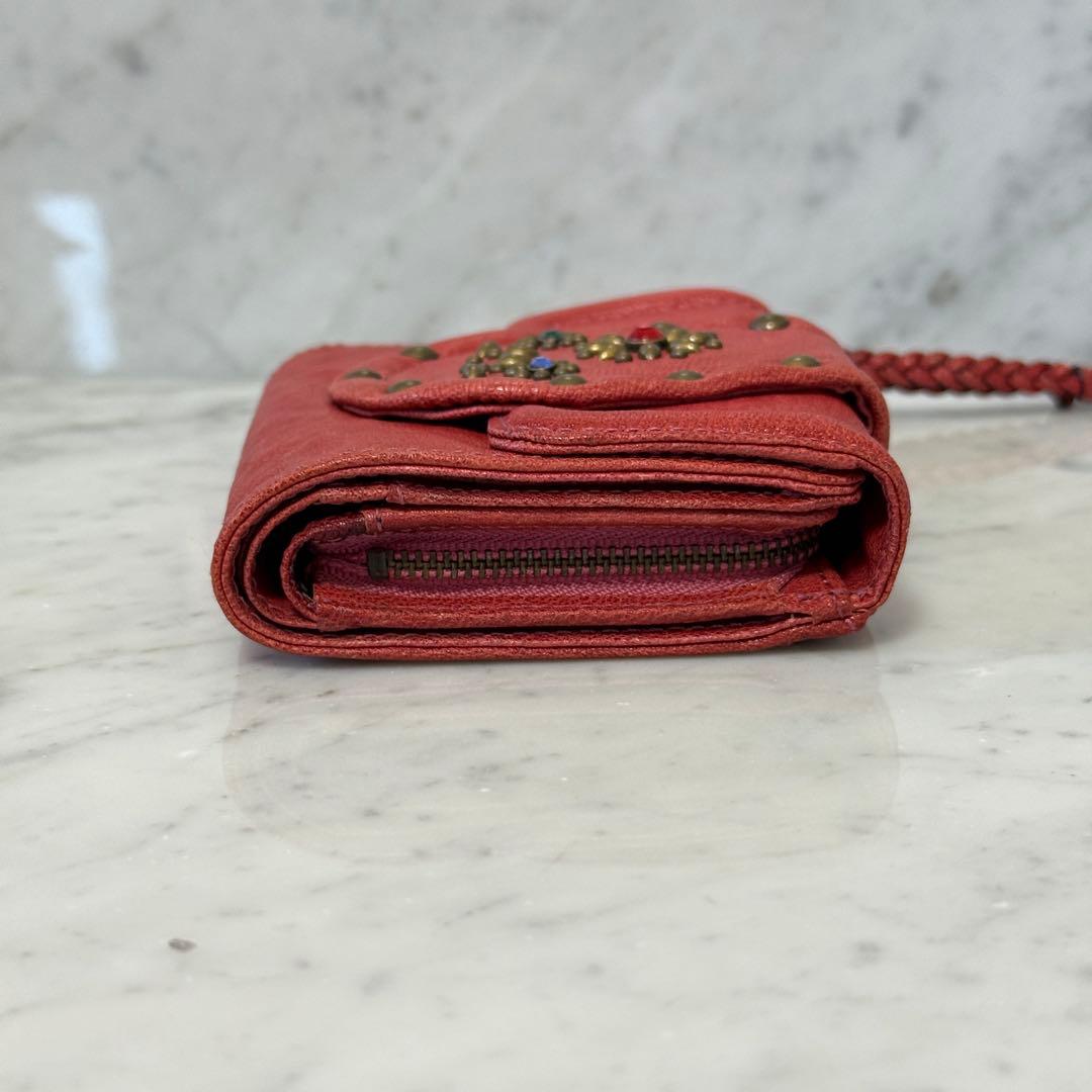 美品 ANNA SUI アナスイ 三つ折り財布 本革 レザー スタッズ レッド