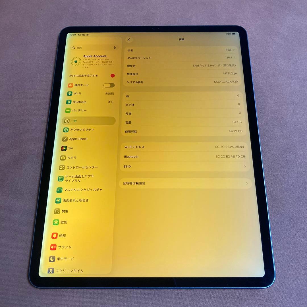 813 外観美品☆電池ほぼ新品☆iPadPro3第3世代64GB12.9インチ☆