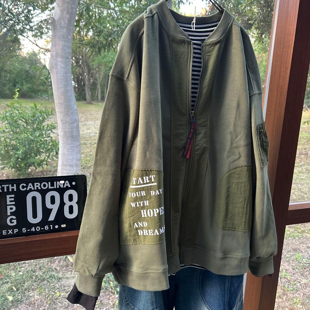 ♡せのん♡サン 異素材 切替 ポンチ ZIP ブルゾン カーキ リメイクあり