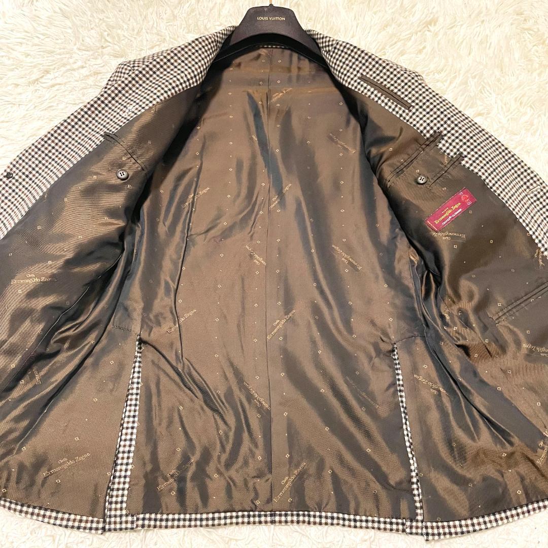 極美品 XL相当 ゼニア カシミヤ100% ブラウン チェック柄 裏地ロゴ総柄