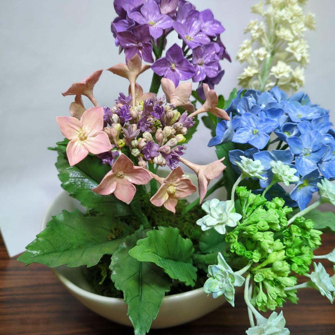 パンフラワー、紫陽花5種類とトルコキキョウ(樹脂粘土、ハンドメイド)