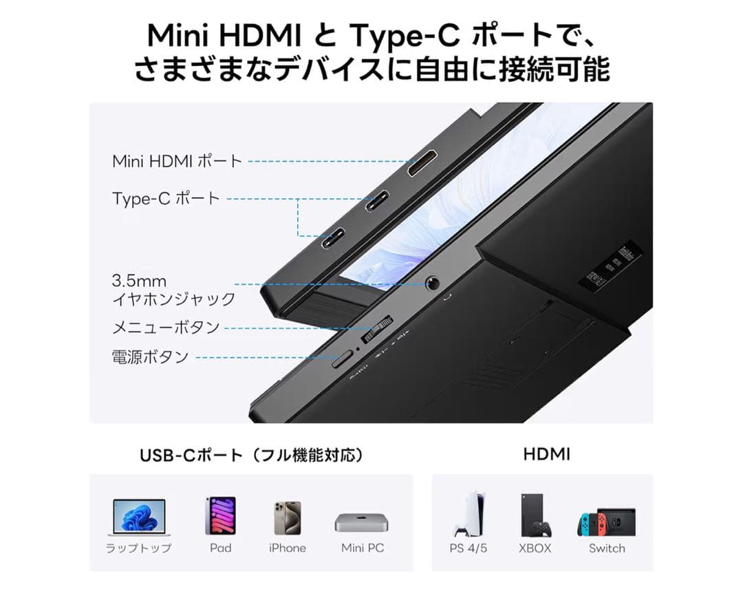15.6インチ モバイルモニター 保護ケース付き スピーカー内蔵 VESA対応