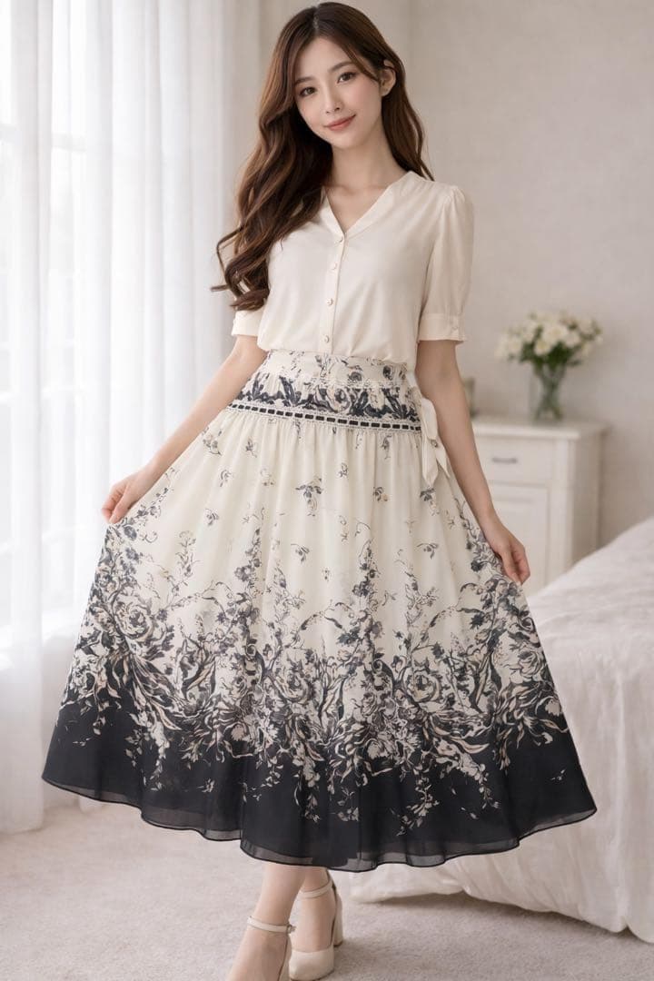 INGEBORG 花柄 ロングスカート モノトーン リボン レース クラシカル