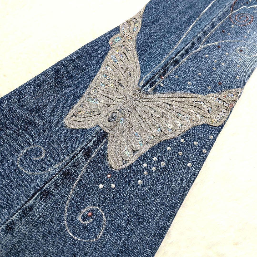 タグ付✨フレアデニム Ｌ 刺繍 ストーン ラメ 蝶 y2k 平成ギャルフェアリー